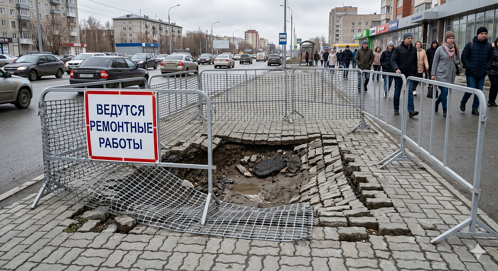 В Тюмени у технопарка провалилась брусчатка: последствия зимнего ремонта обещают устранить к маю
